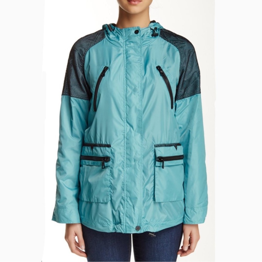 Sam Edelman Mar Mesh Trim Hooded Windbreaker Teal Jacket Size Medium